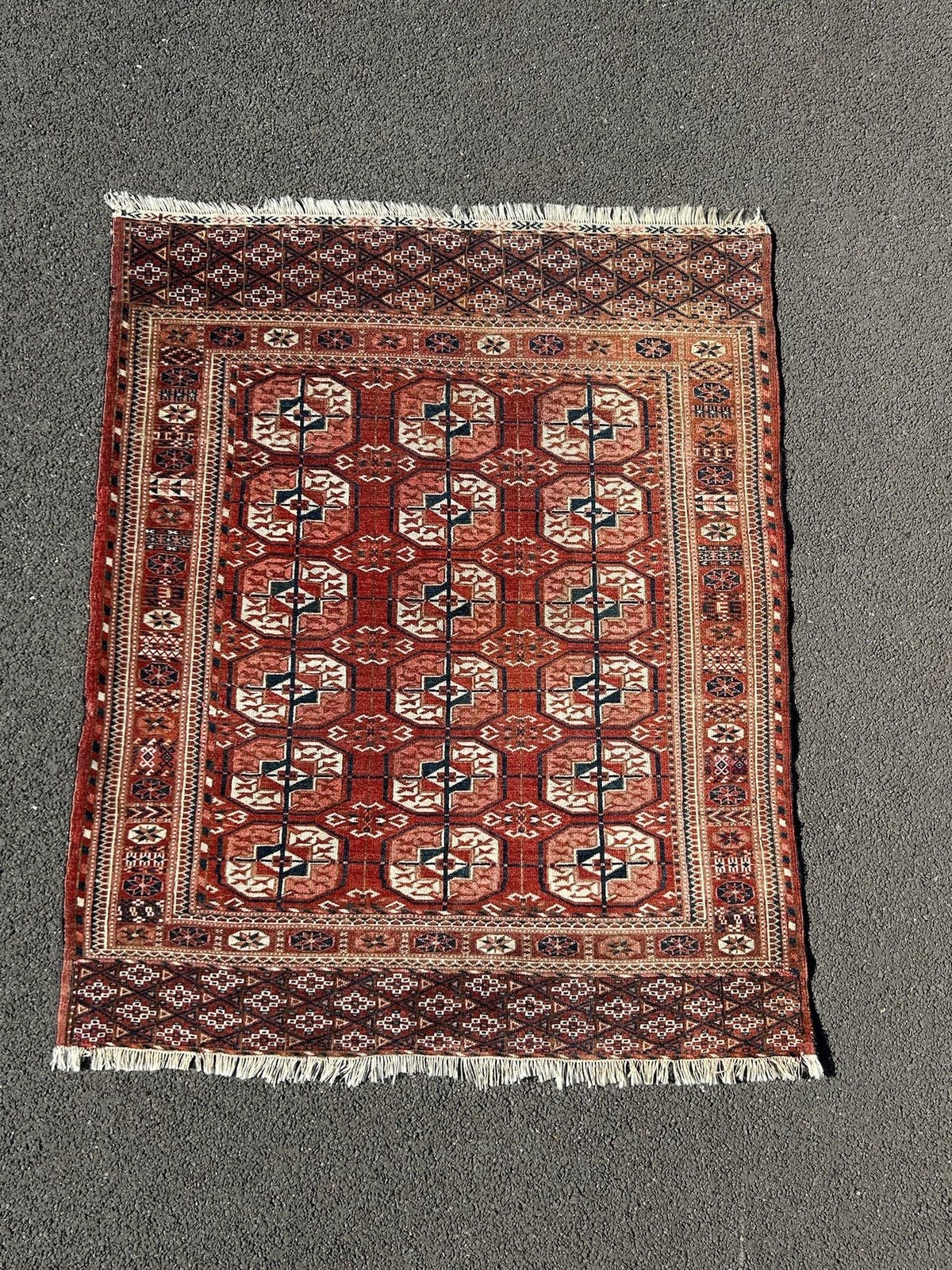 Antique Tekke Turkmen Rug Hand Knotted Wool Bokhara Gul Early 20thC 110x130cm0