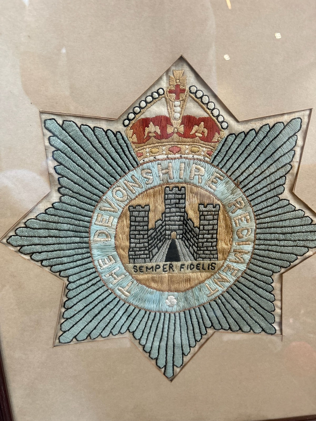 Antique Framed Embroidered Silk Regimental Badge Castle Crest1