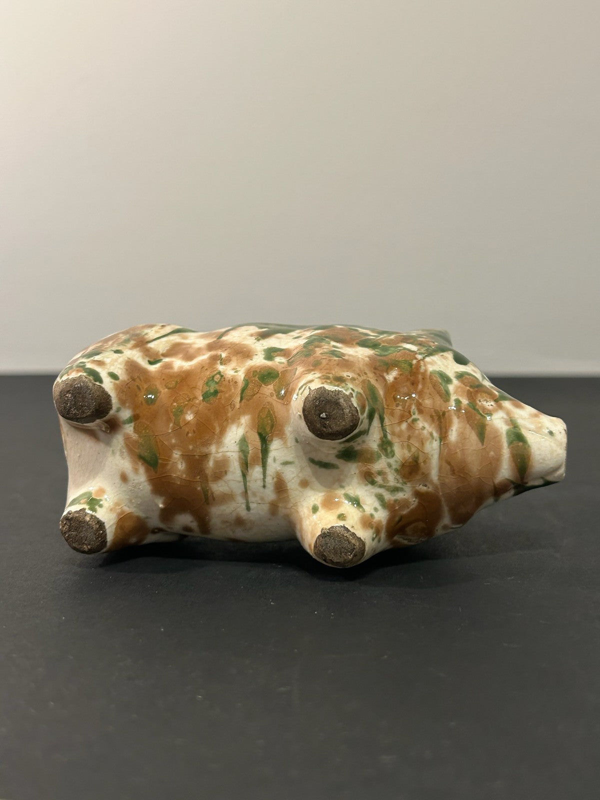 Antique 19th Century Spongeware Pottery Pig Money Box Green Brown Sponged 12cm8