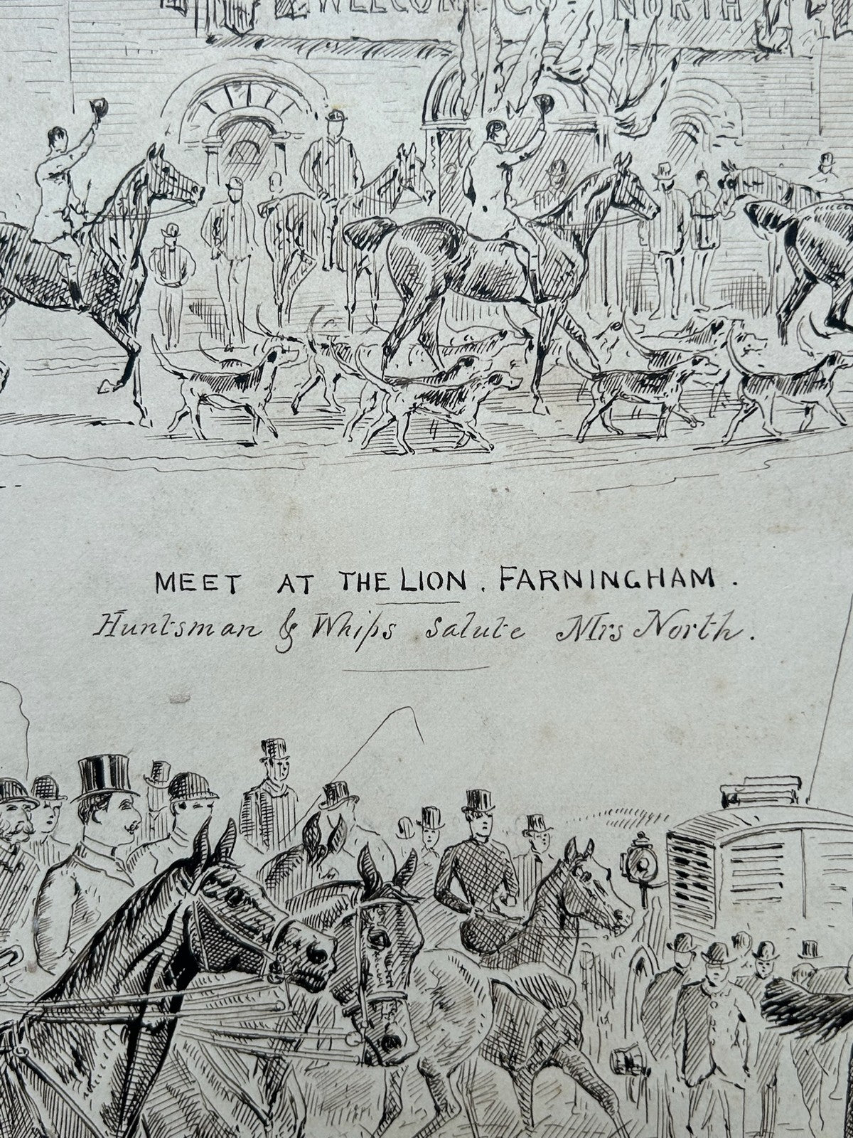 Sturgess Original Pen & Ink Drawing Mid Kent Staghounds Meet at Lion Farningham2