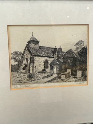 E.W. Shotton Pencil Signed Etching Esher Old Church Surrey Framed