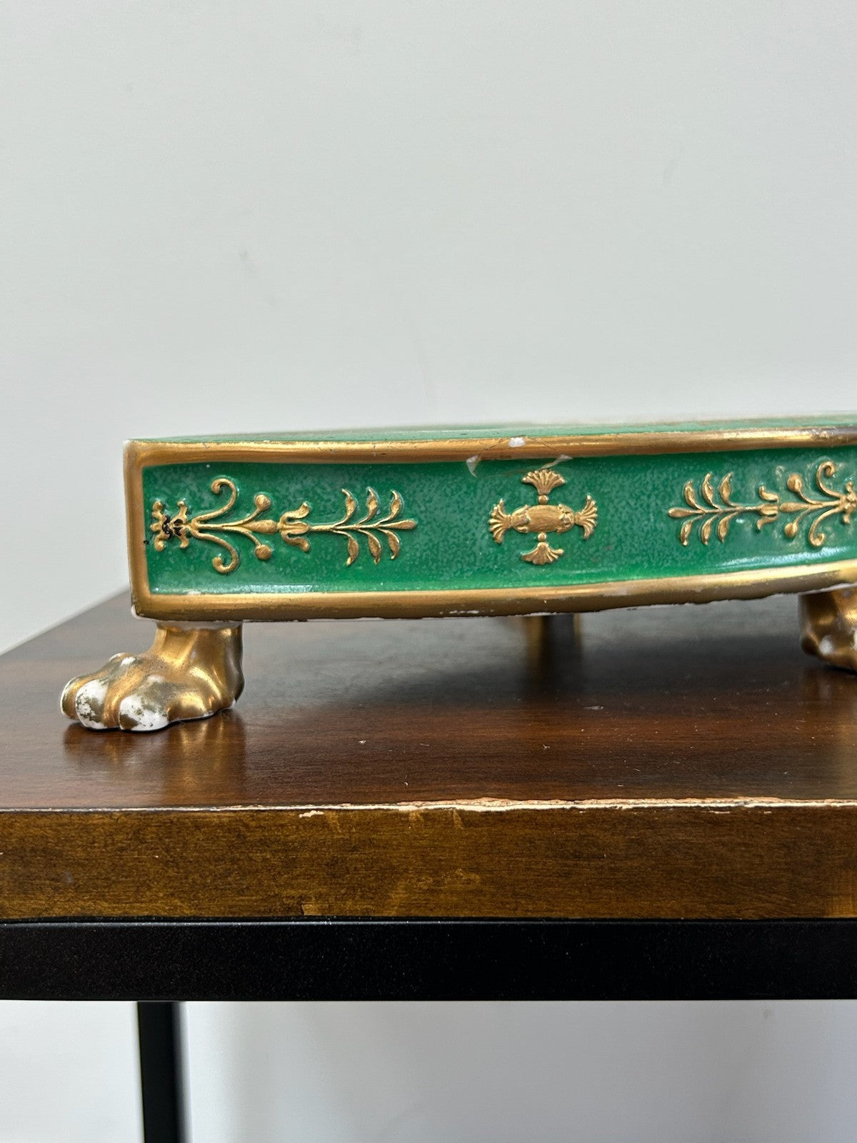 Antique Green Ground Porcelain Plateau Stand Gilt Paw Feet Floral Centre6