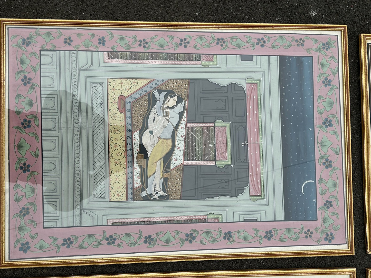 Set of 4 Framed Indian Paintings on Silk Vintage 1970s Love Scenes Large4