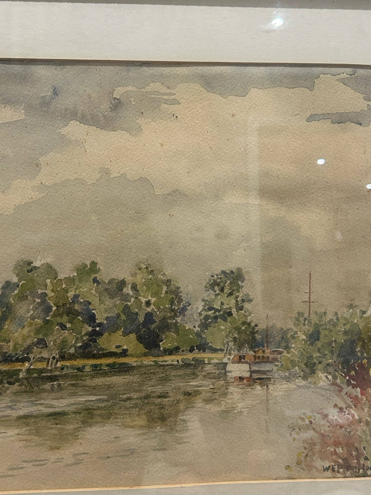 Framed Watercolour Painting River Landscape Trees Reflections Unsigned2