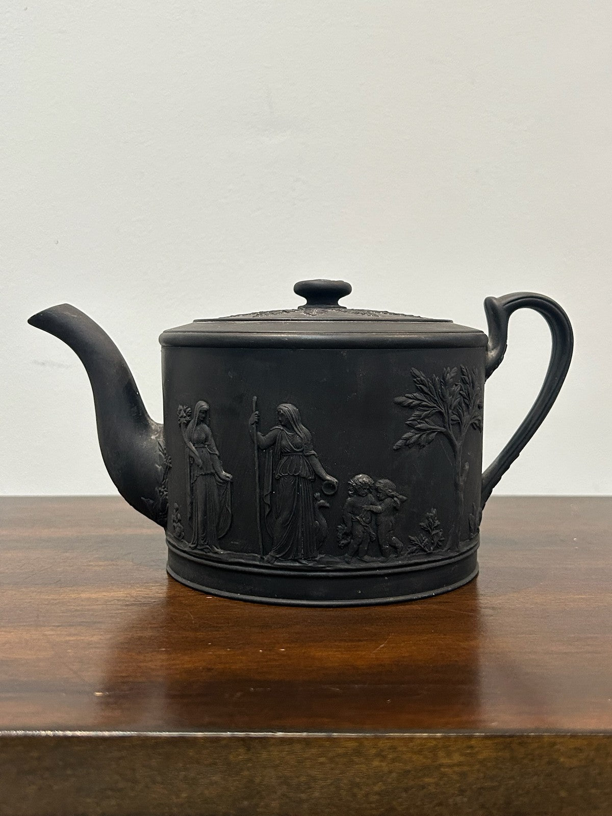 Wedgwood Black Basalt Teapot Classical Relief Figures Impressed Mark0