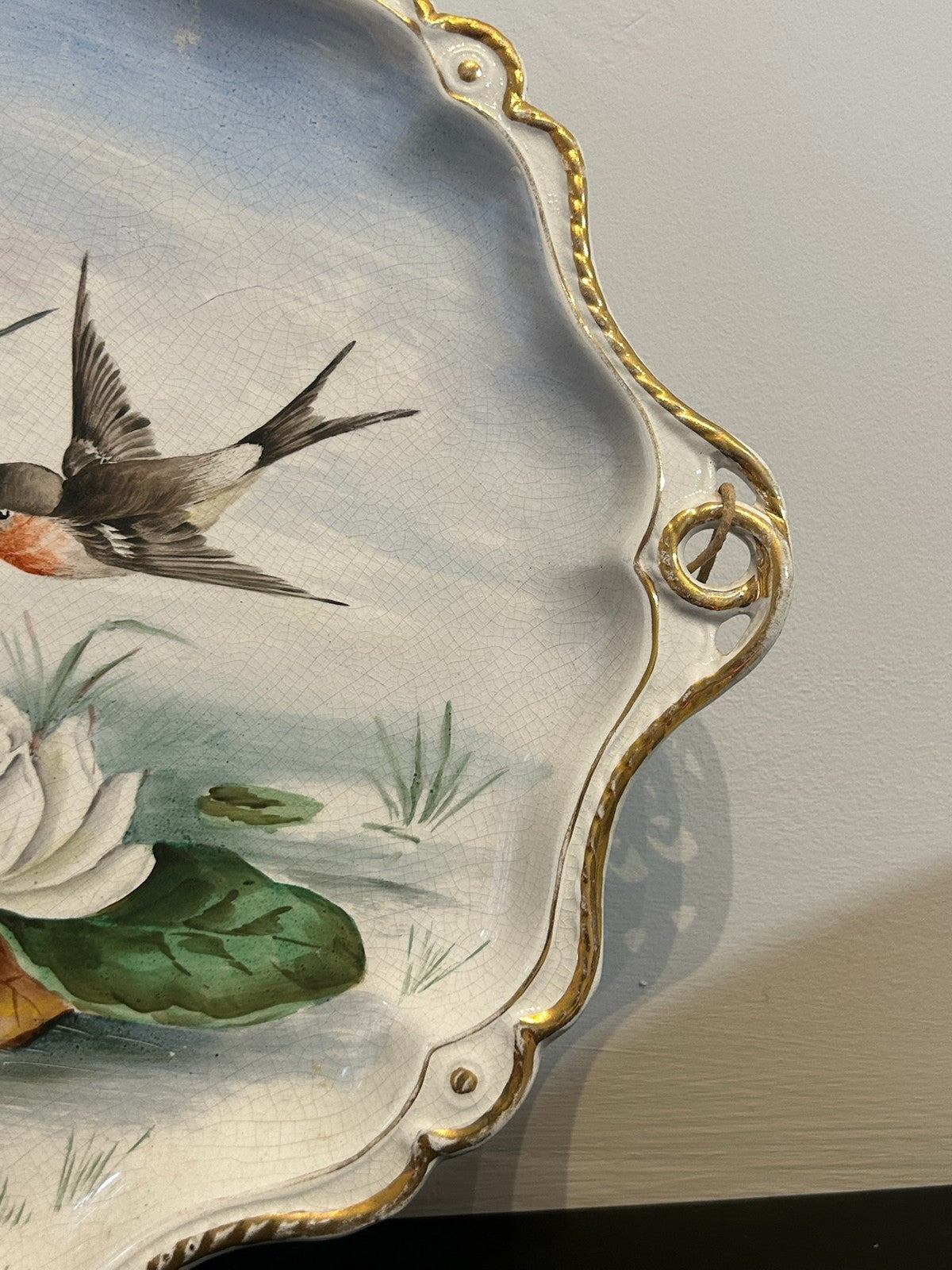 Antique Hand Painted Porcelain Dish Swallows Water Lilies Signed Baker 34cm4