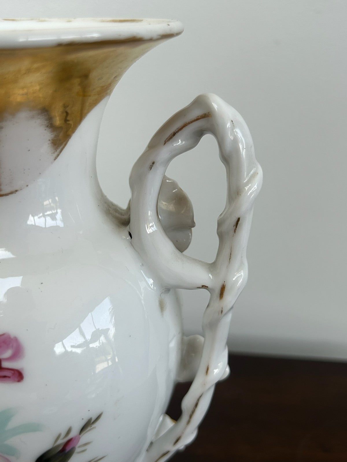 Old Paris Porcelain Twin Handled Vase Hand Painted Floral Gilt Handles9