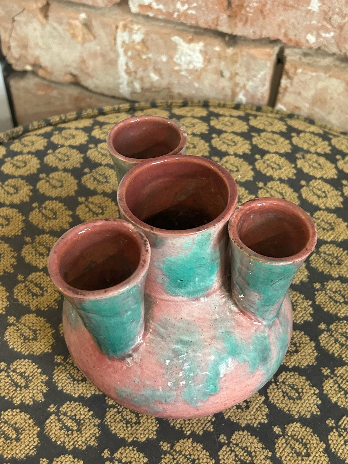 Vintage Studio Pottery Five Neck Vase Pink Green Drip Glaze Tulip Vase Retro9