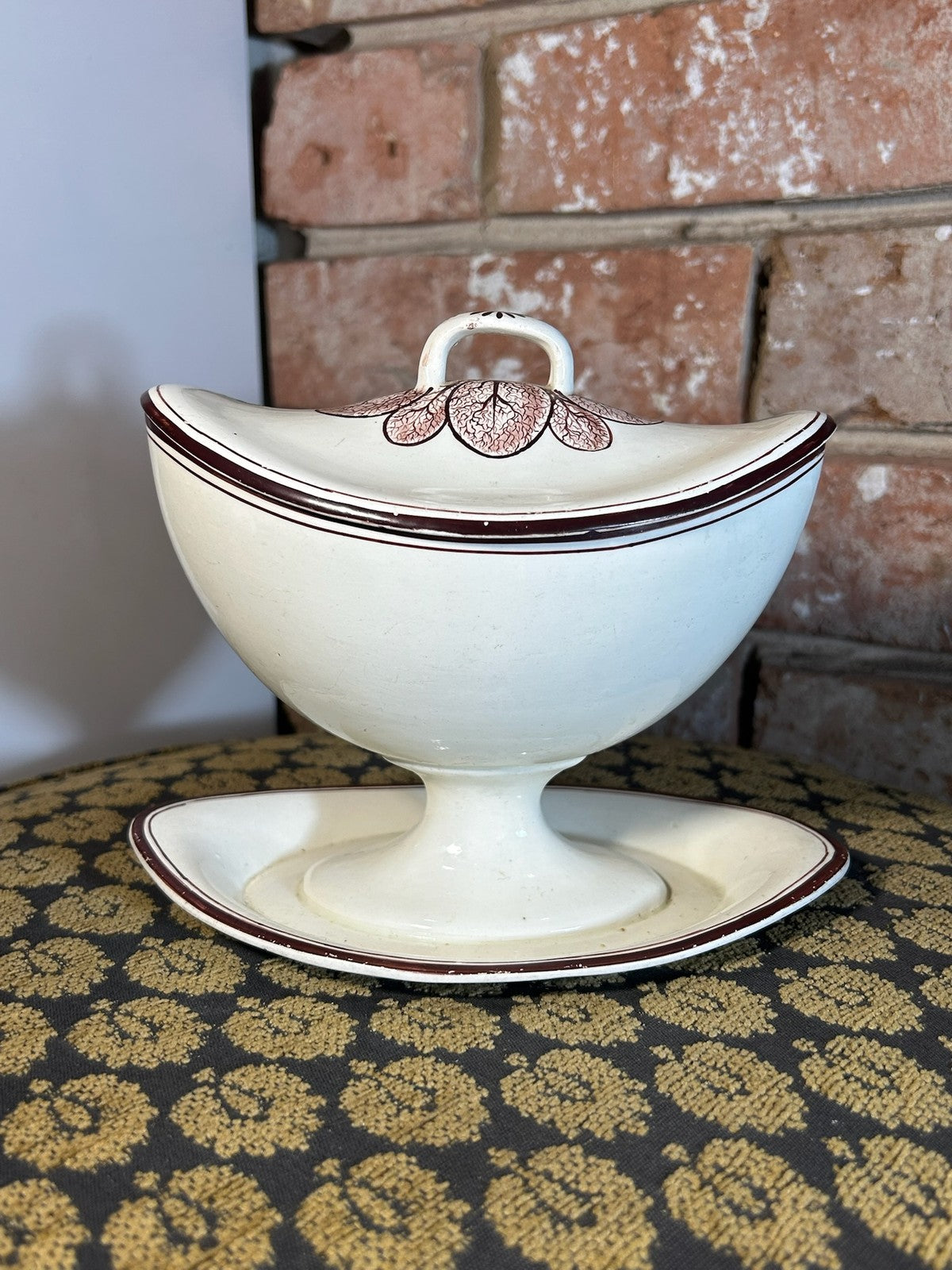 Antique Creamware Sauce Tureen Cover and Stand Brown Line Rims c18000