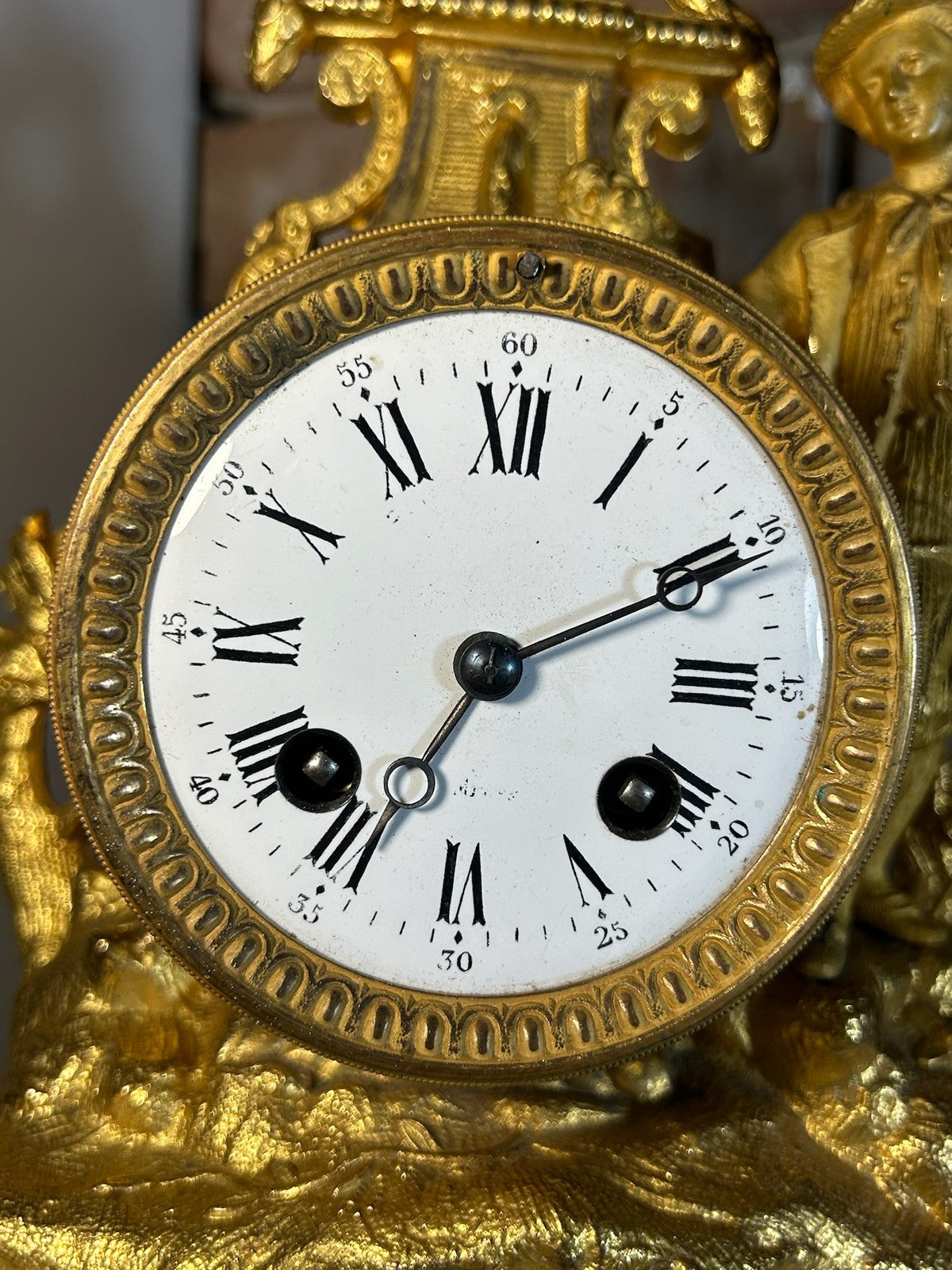 Antique French Gilt Metal Figural Mantel Clock White Marble Base Bell Strike4