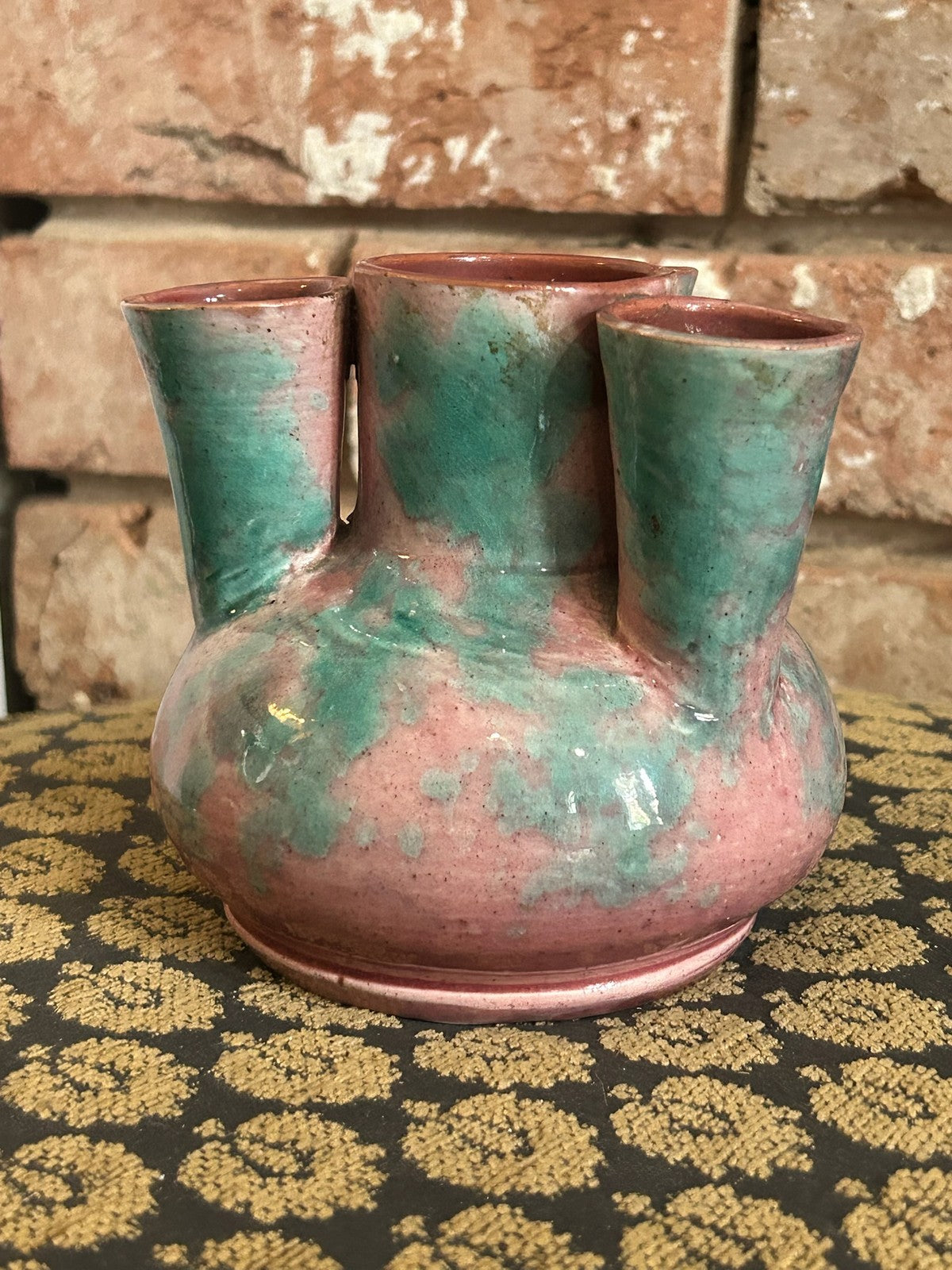 Vintage Studio Pottery Five Neck Vase Pink Green Drip Glaze Tulip Vase Retro2