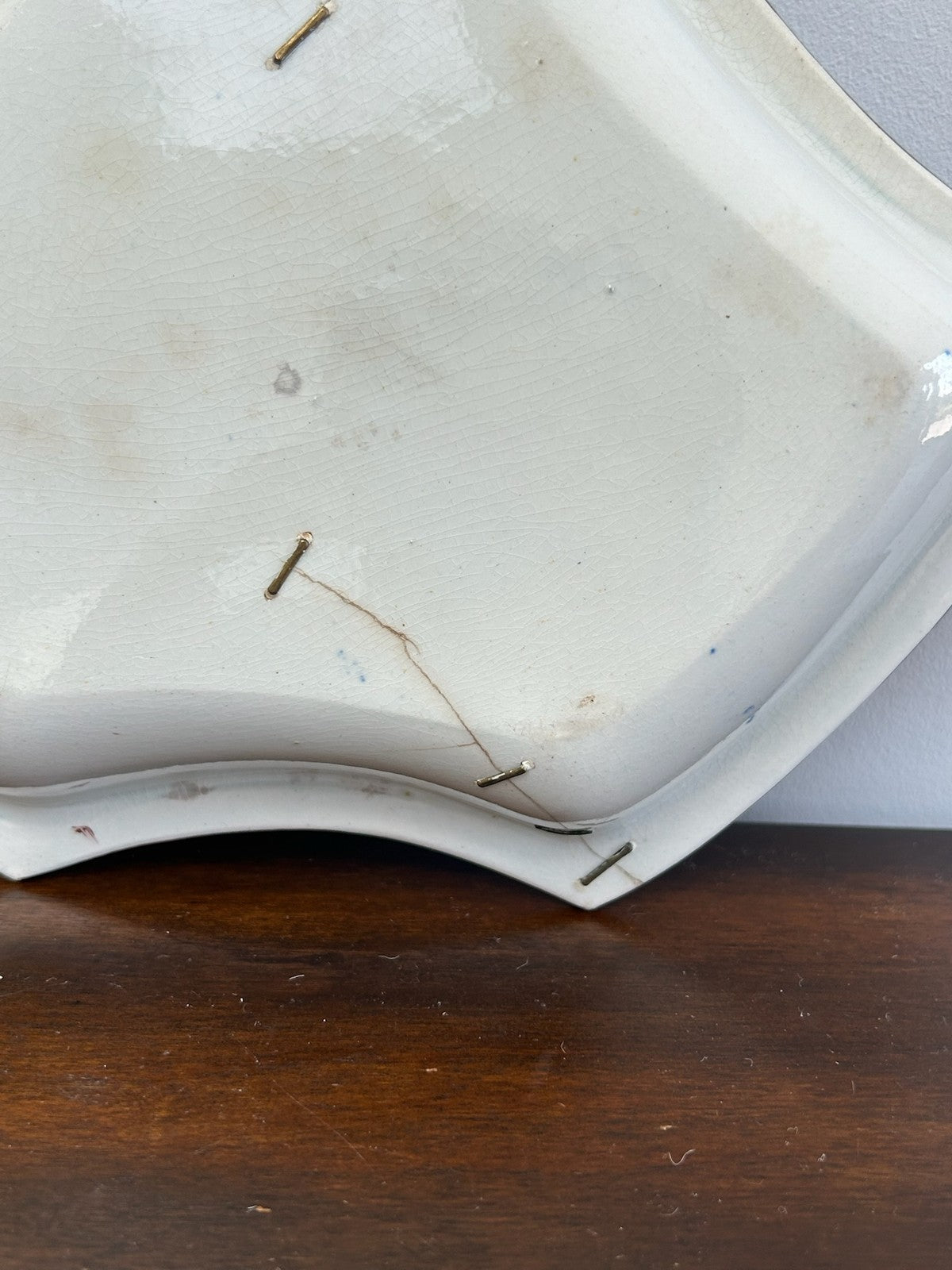 Antique Staffordshire Blue Puce Transfer Shaped Dish Old Staple Repairs9