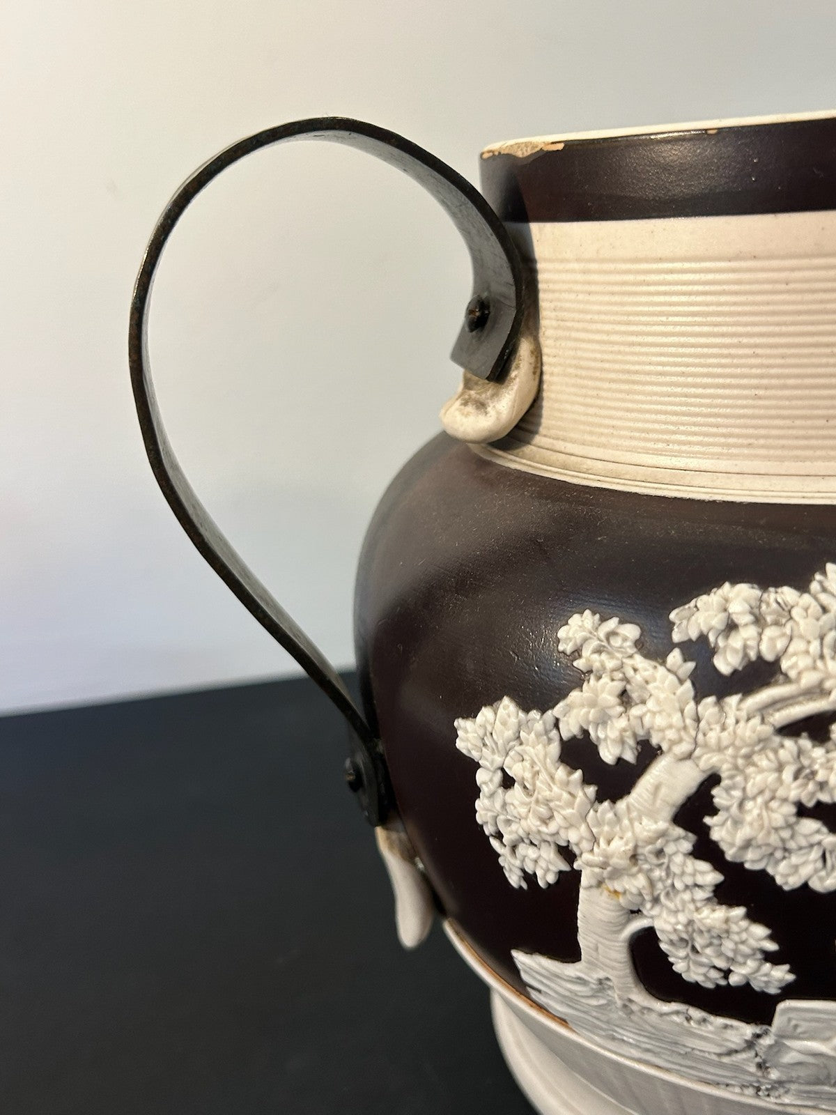 Antique Dipped Stoneware Jug White Sprigged Trees Figures Chocolate Ground1