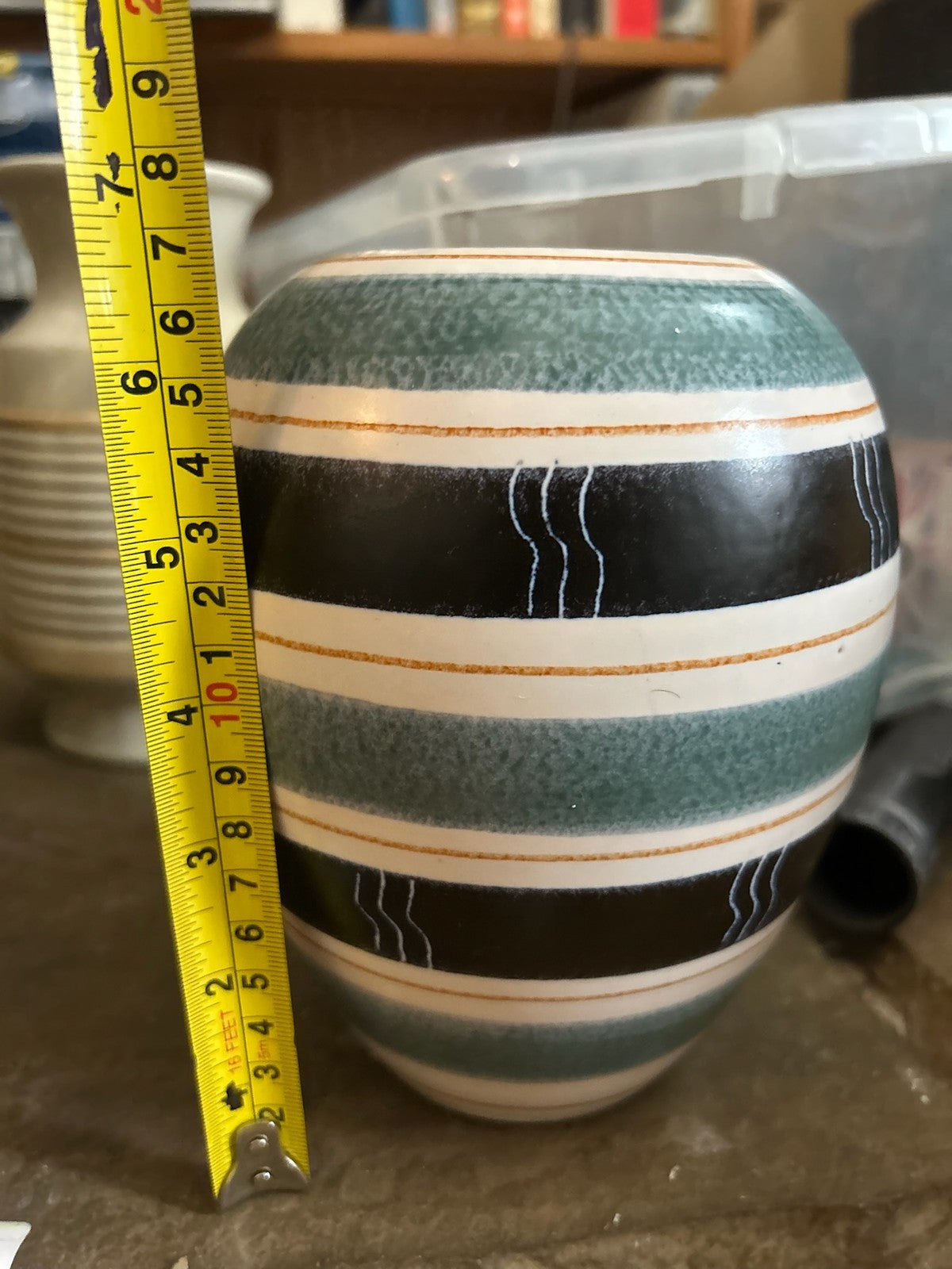 Vintage Pottery Vase Blue Black White Stripes Bands Retro Mid Century 31176