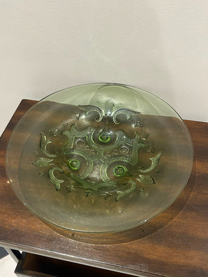Green Pressed Glass Plate Moulded Dragon Scroll Relief