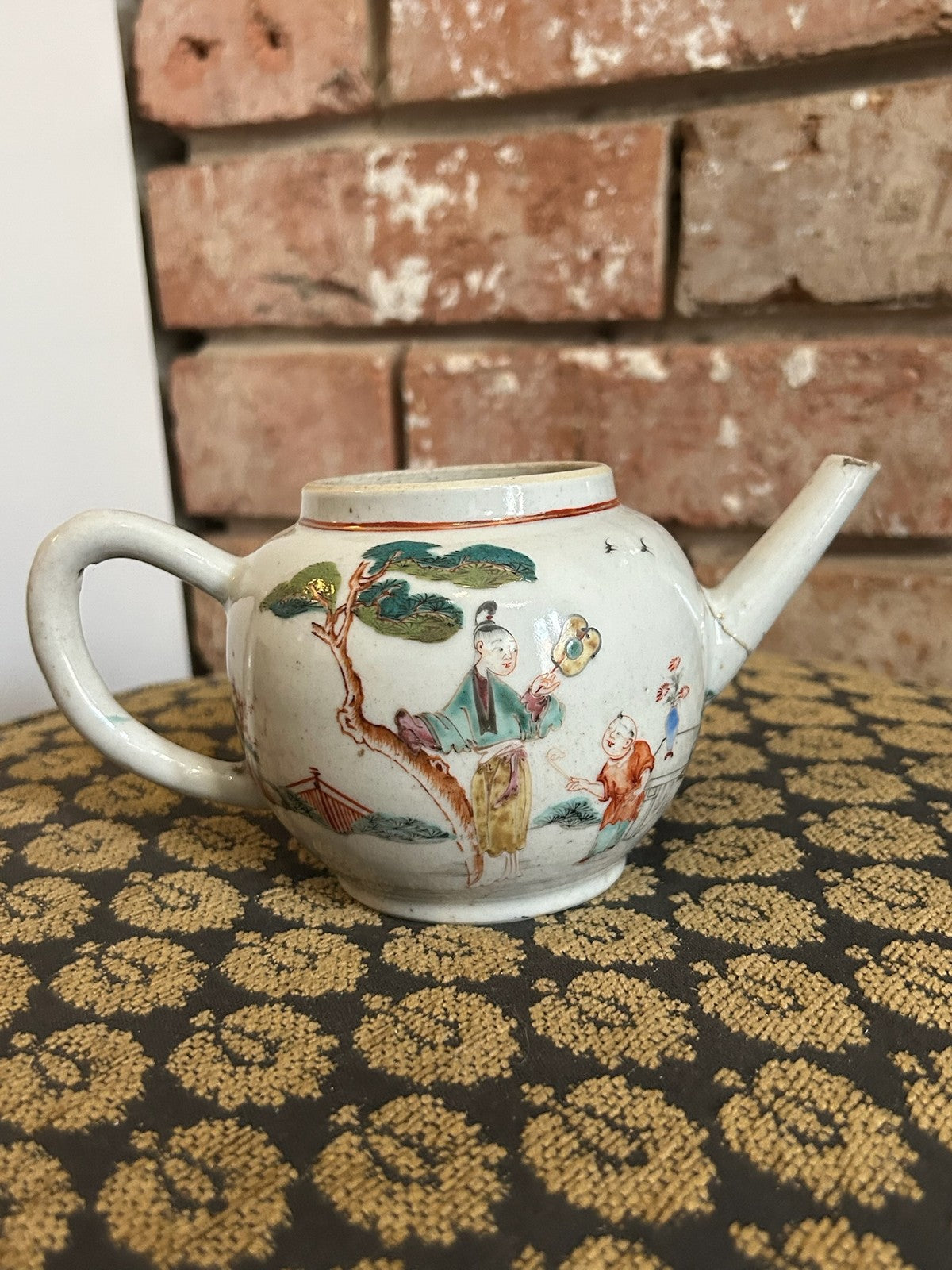 Antique Chinese Export Famille Rose Teapot Figures Under Tree Hand Painted1