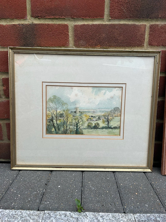 John Davis Watercolour Painting Cathedral Countryside Scene Framed Signed0