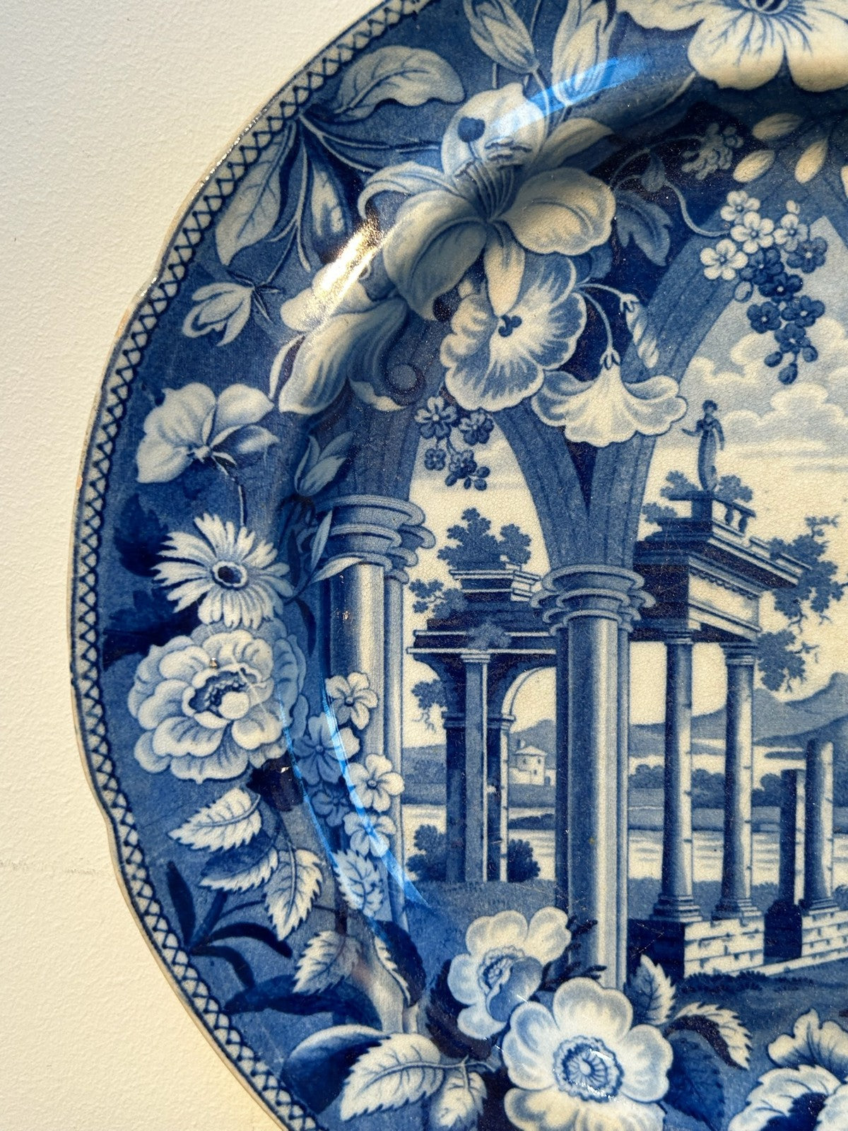 Antique Staffordshire Blue White Plate Tivoli Pattern Marked c1820 Transferware1