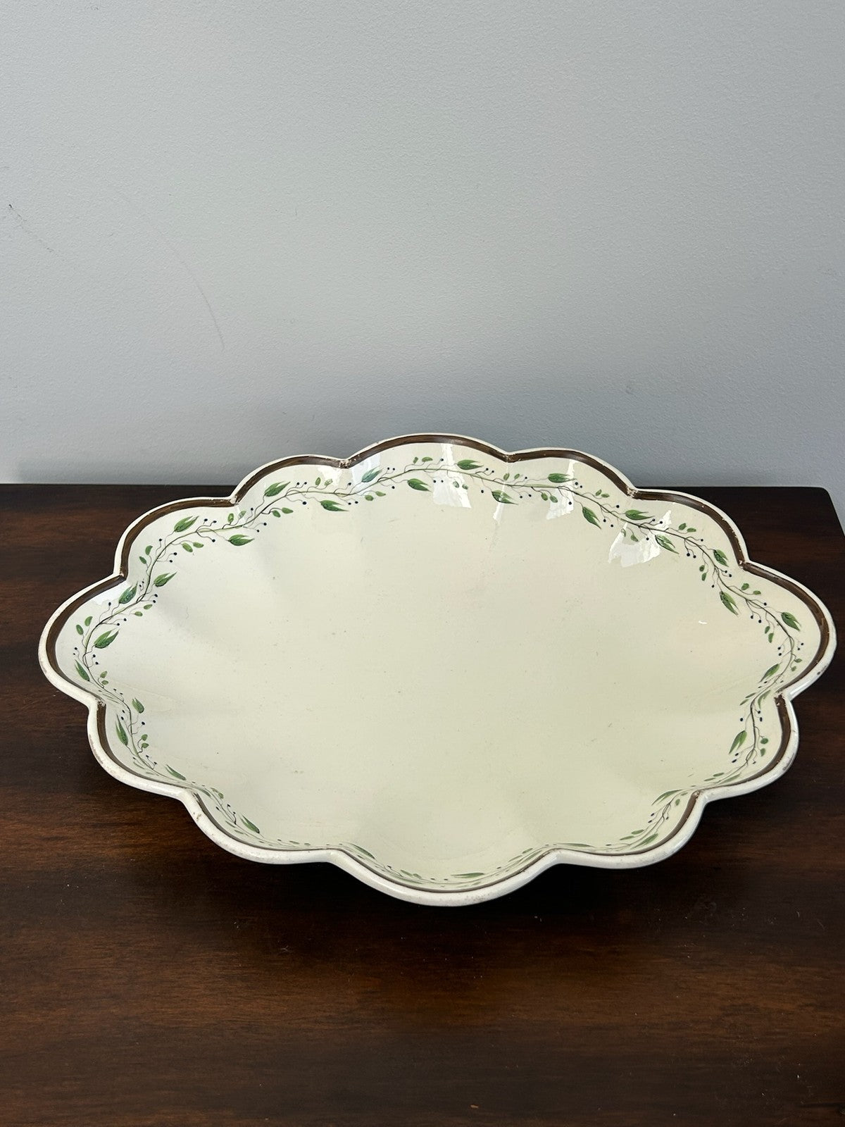 Antique Creamware Lobed Dish Green Painted Leaf Border0