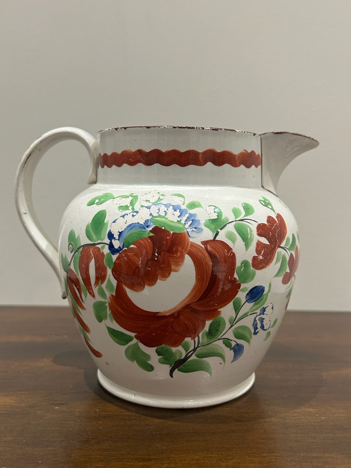 Georgian Pearlware Jug Hand Painted Enamel Red Roses Brown Rim c.18200