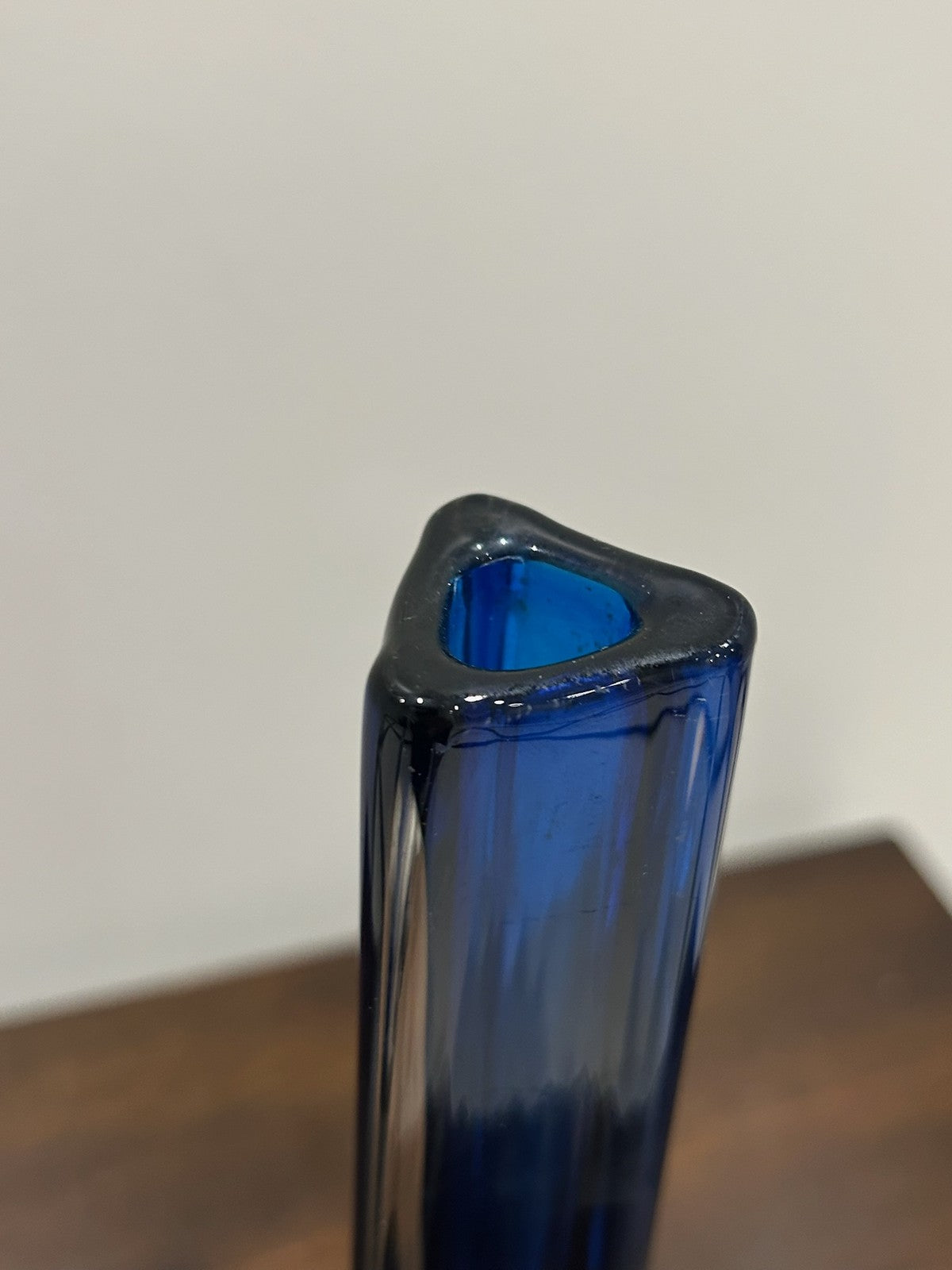 Mid Century Blue Cased Glass Bud Vase Clear Base3