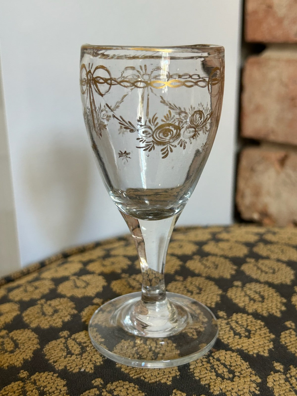 Antique Hand Blown Wine Glass Gilt Ribbon Bow Swags Rose Sprays Pontil Gilt Rim2