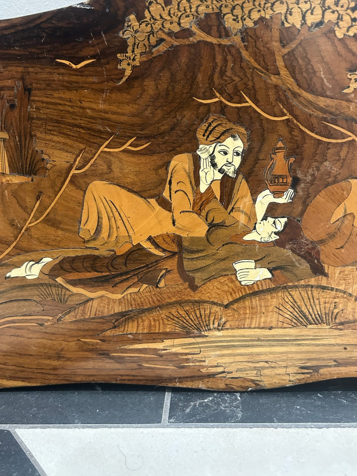 Antique Indo Persian Sorrento Marquetry Wall Plaque Reclining Sage Sufi4