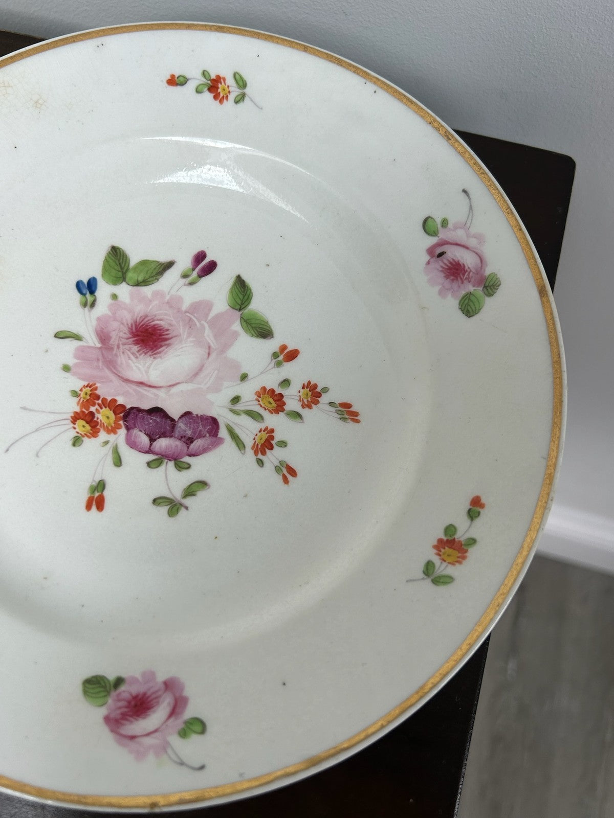 Pair Antique Derby Porcelain Dessert Plates Pink Roses Red Crown Mark c.18109