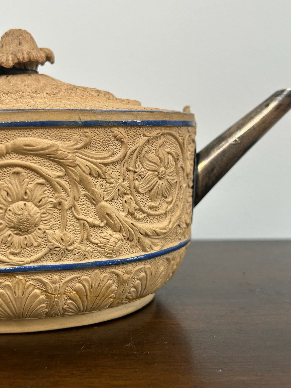 Antique Caneware Teapot Regency c1815 Relief Blue Line Silver Spout Stoneware11