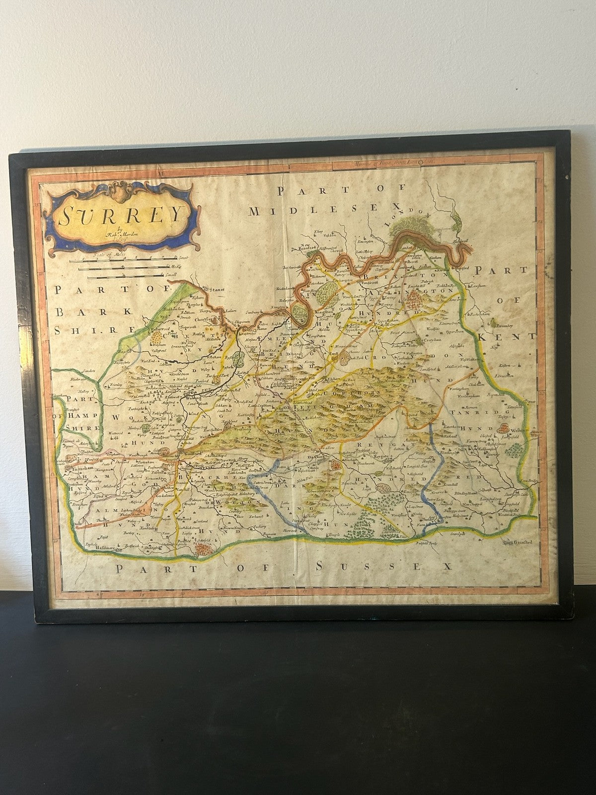 Antique Surrey Map Robert Morden Camden Britannia c.1695 Hand Coloured Framed0