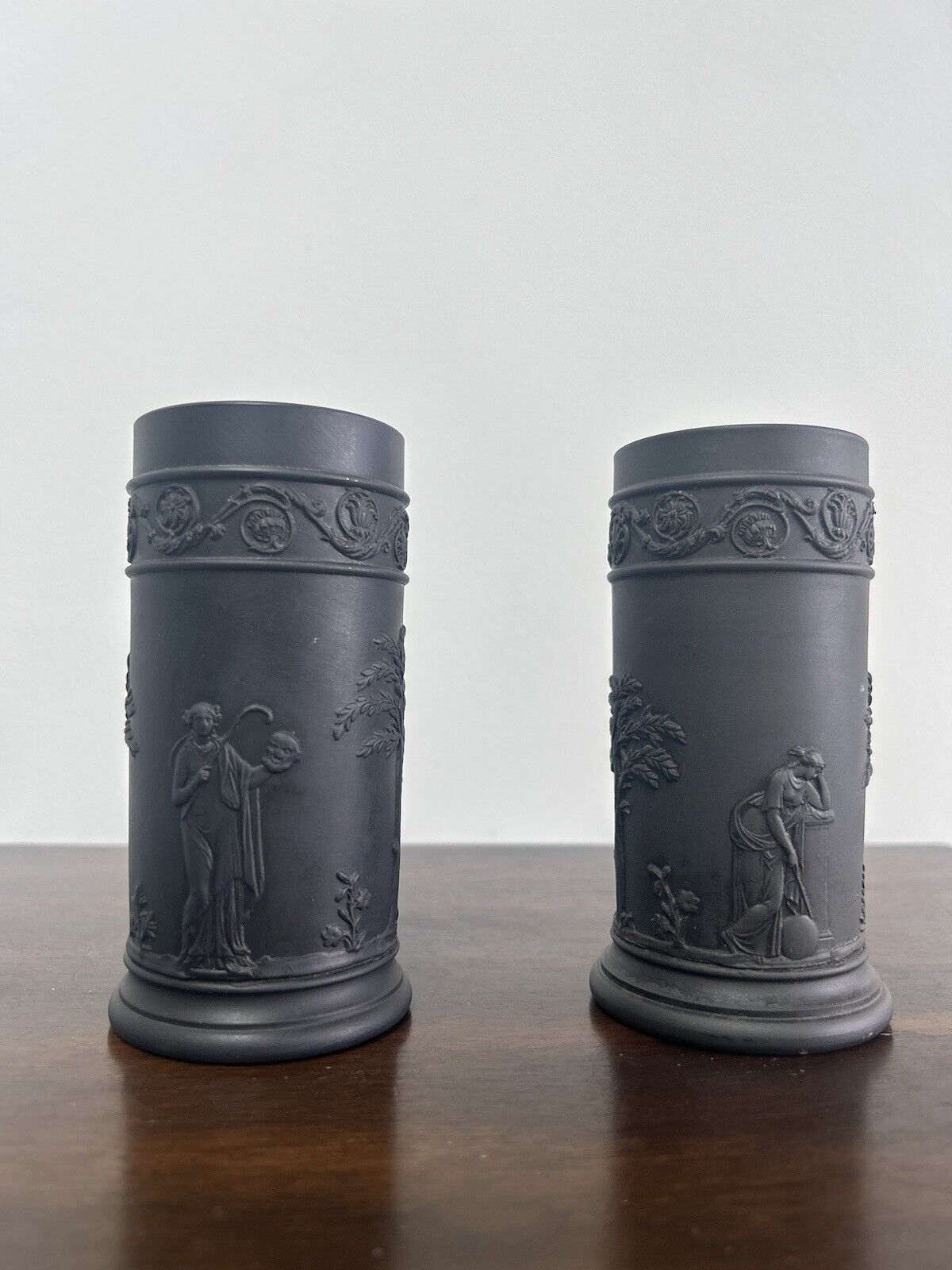 Wedgwood Black Basalt Jasperware Spill Vases Brush Vase Pair Basalt