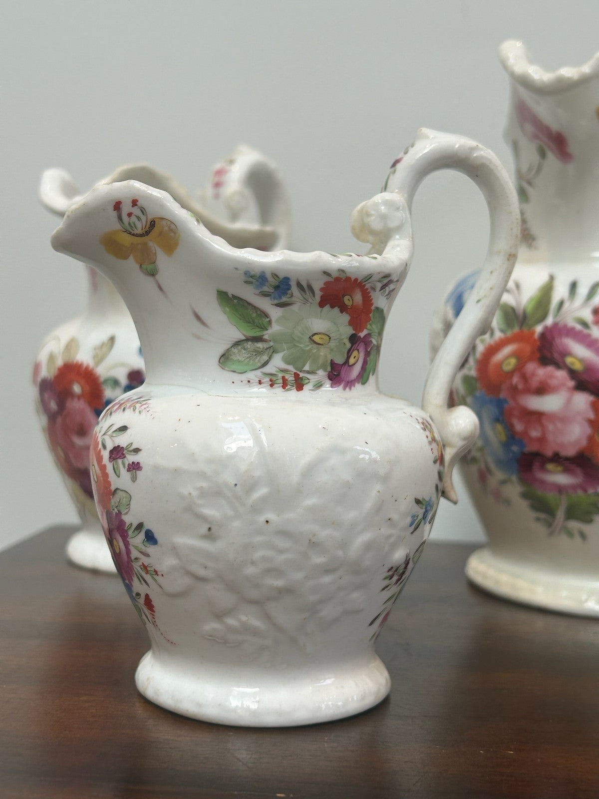 Set of Four Coalport Porcelain Water Jugs c1830 Hand Painted Floral7