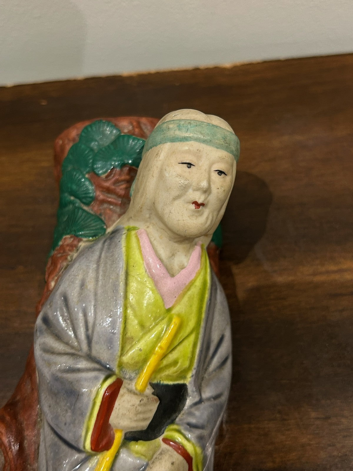 Japanese Glazed Pottery Figure Lady With Broom Meiji Taisho1