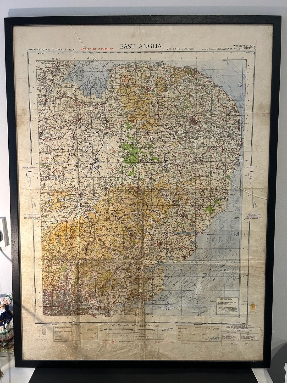 Vintage Quarter Inch Map East Anglia 1:253,440 Grid Reference Panel Framed0
