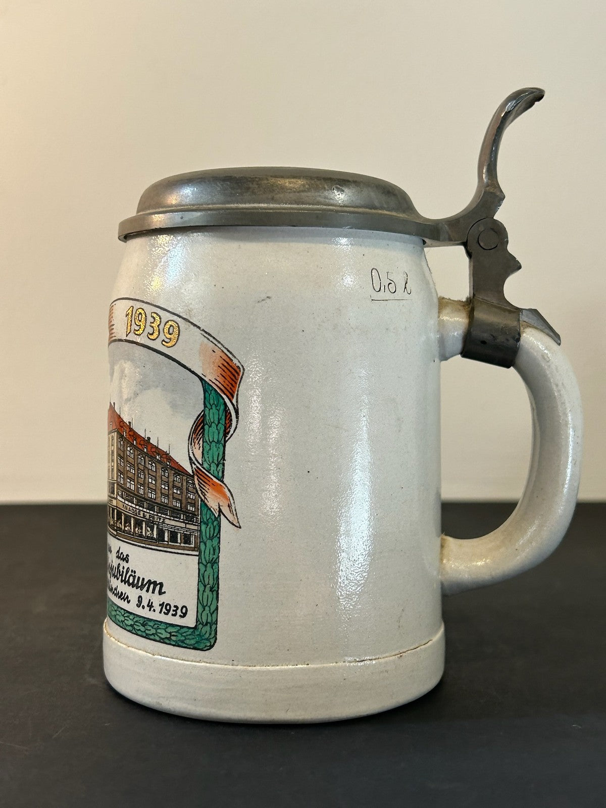 1939 Knagge & Peitz Munich 50 Year Jubilee Stoneware Beer Stein Pewter Lid3