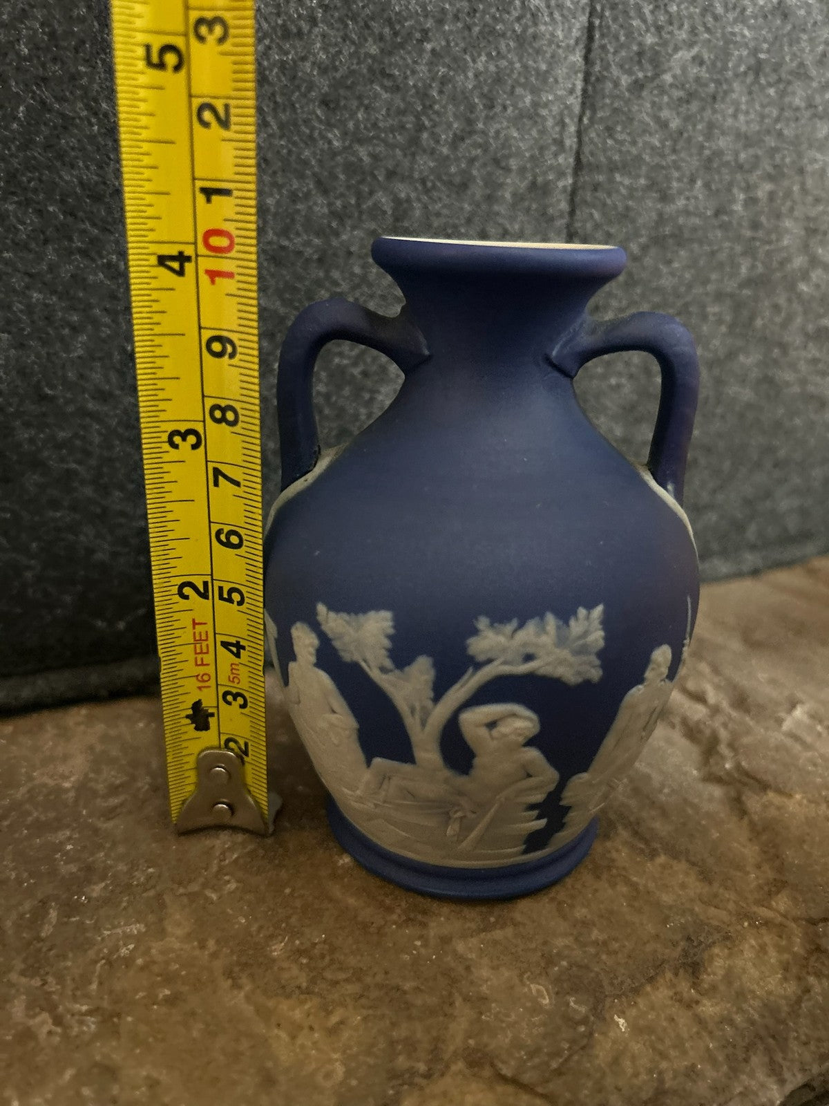 Wedgwood Dark Blue Jasperware Portland Vase Twin Handled Classical White Relief5