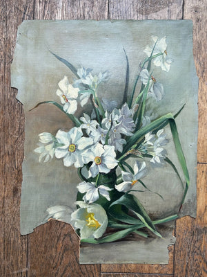 Oil on Canvas Still Life Narcissi & White Tulip Unstretched Monogram B