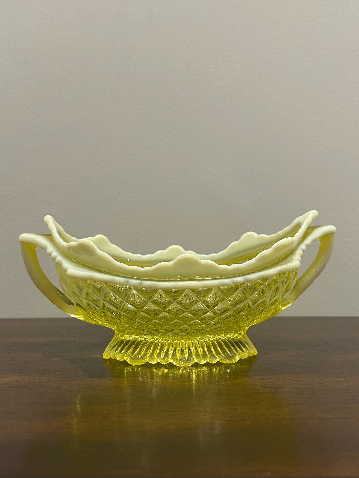 Davidson Primrose Pearline Uranium Glass Boat Bowl Lady Chippendale c.18950