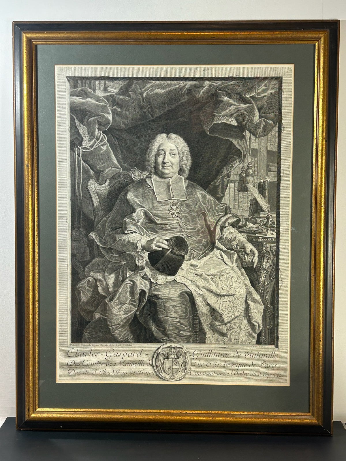 Claude Drevet after Rigaud 1736 Engraving Vintimille Archbishop of Paris Framed1