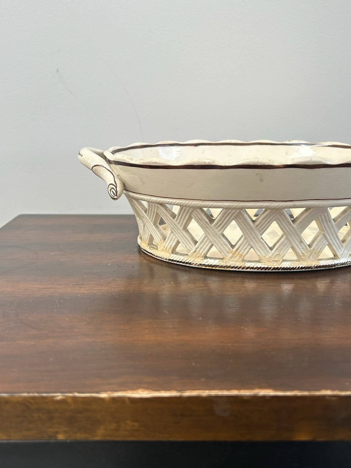 Antique Creamware Twin Handled Pierced Oval Basket A/F6