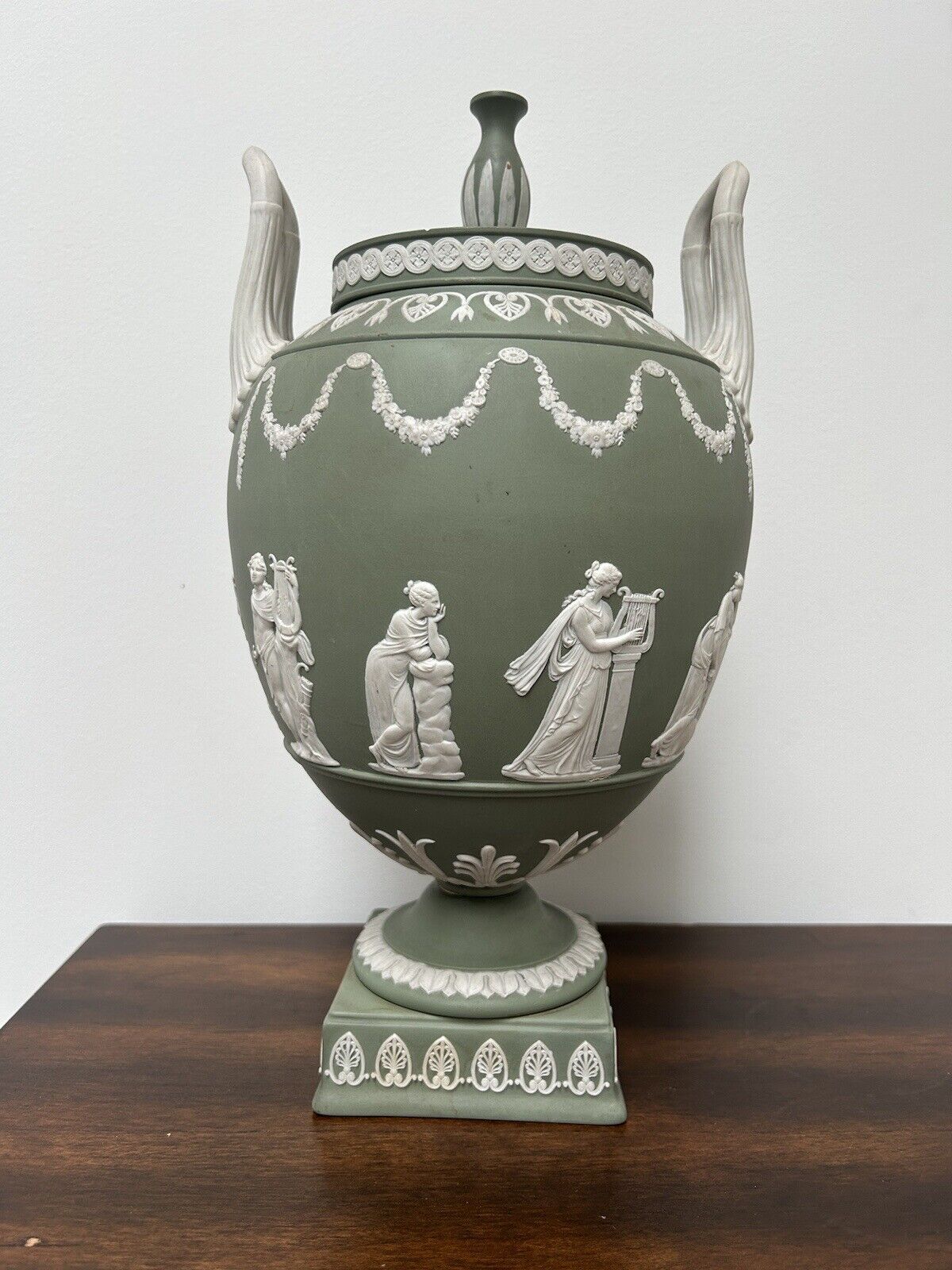 Wedgwood  Jasperware Green Grecian Lidded Vase