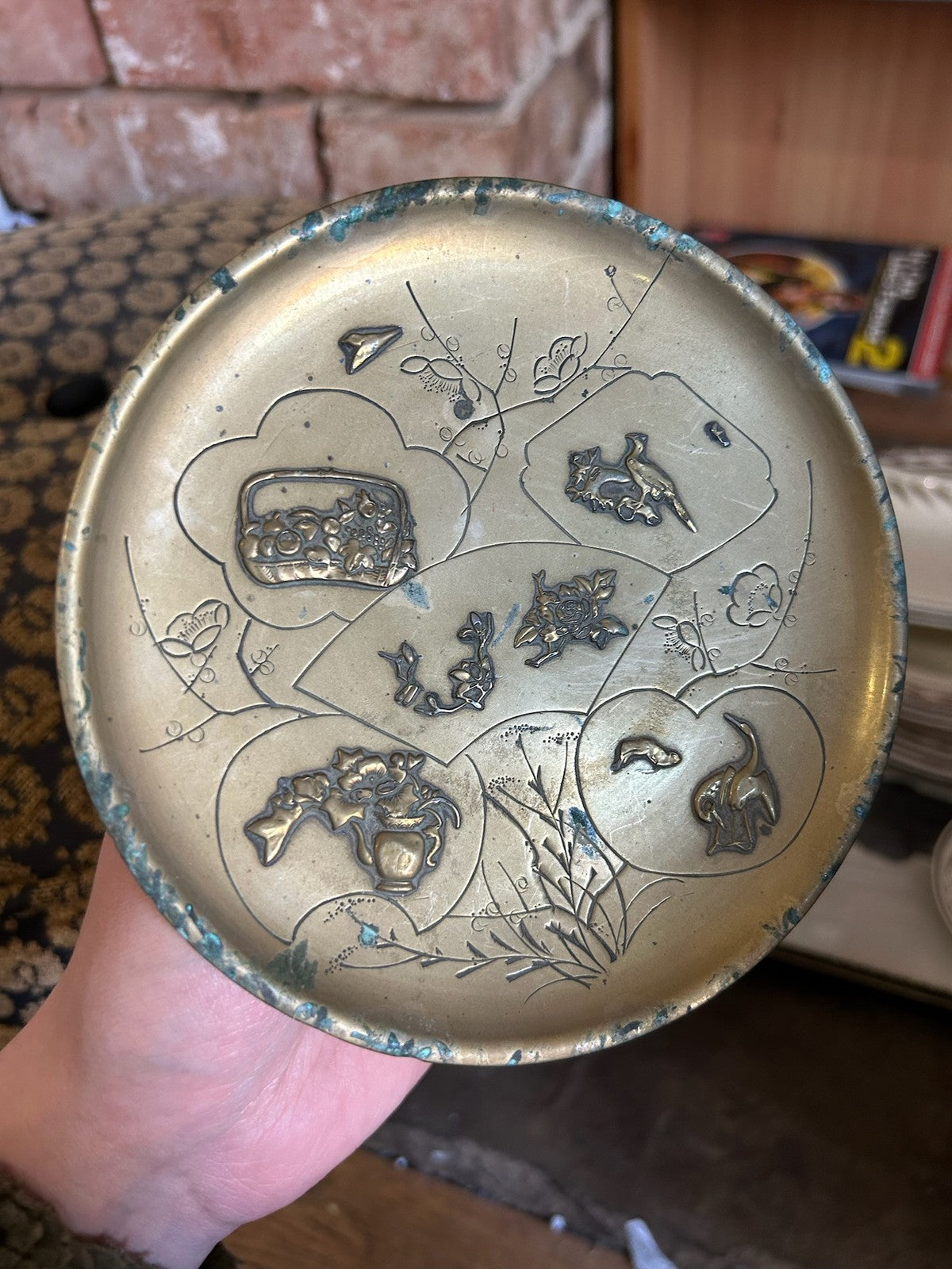 Japanese Brass Relief Dish Engraved Fan Panels Birds Flowers Plum Blossom1