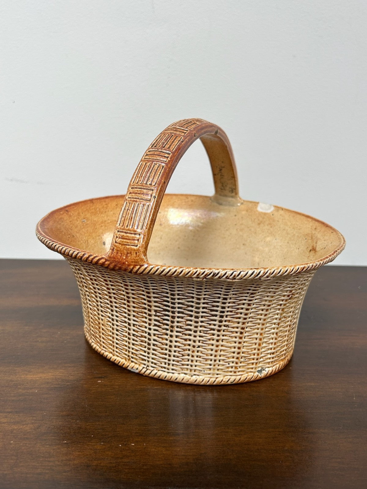 Antique Stoneware Basket Sugar Bowl Reeded Loop Handle Georgian 19thC2