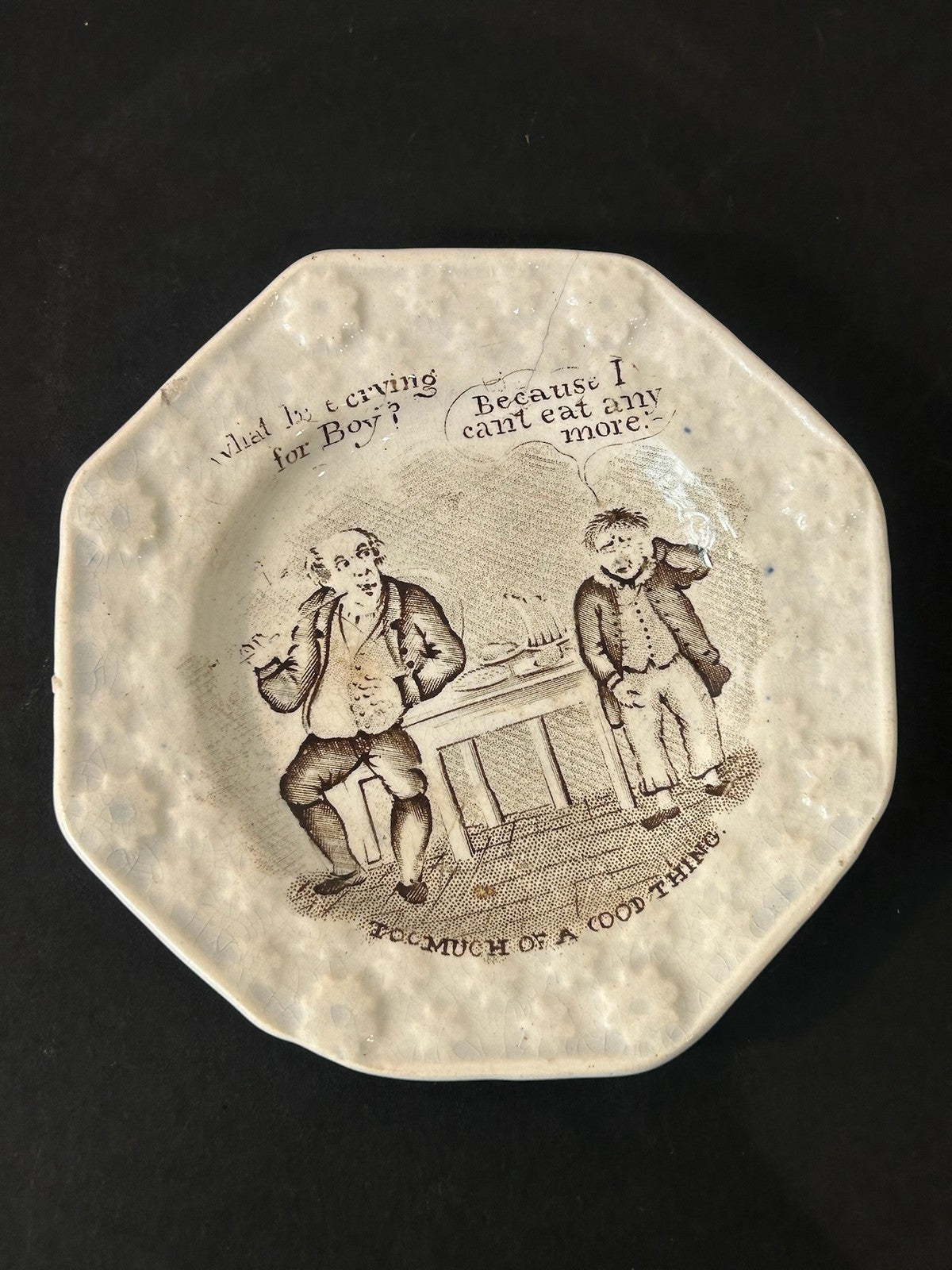 Antique Staffordshire Child's Plate Too Much of a Good Thing Octagonal Transfer0