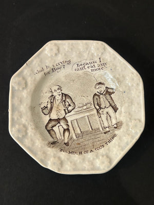 Antique Staffordshire Child's Plate Too Much of a Good Thing Octagonal Transfer