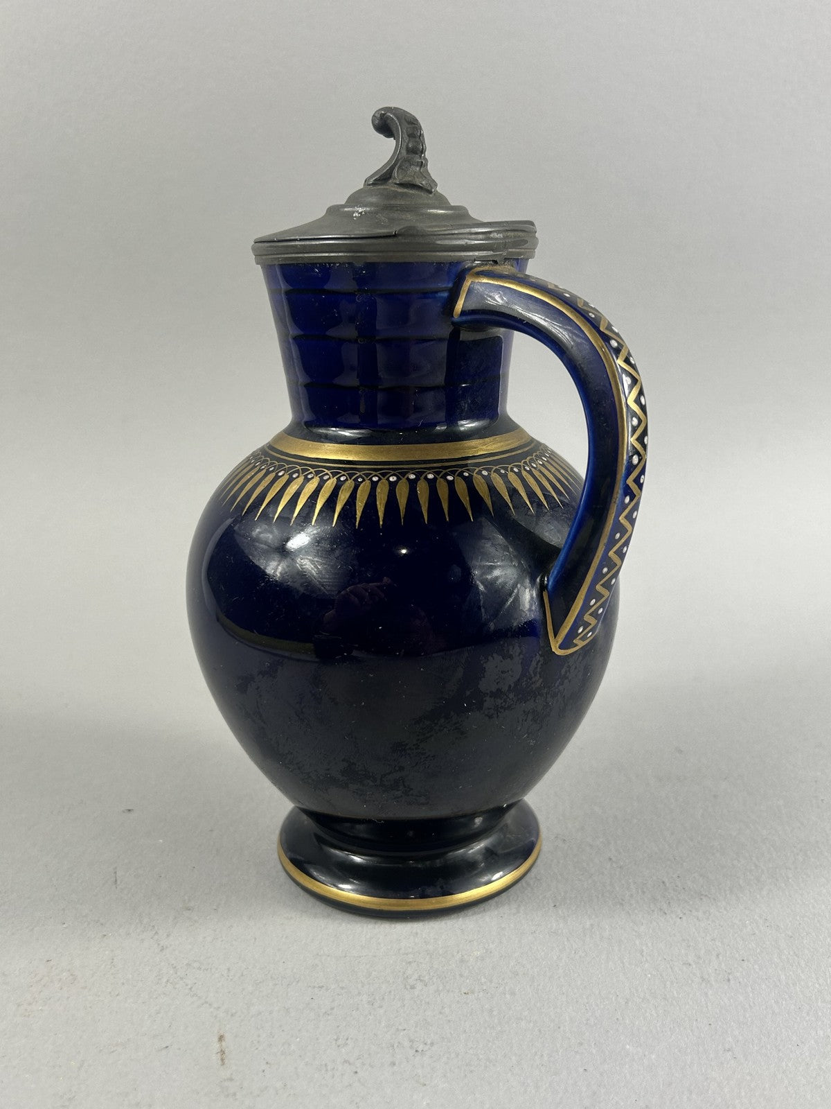 Wedgwood Victorian Blue and Gold Doric Jasperware Jug with Pewter Lid
