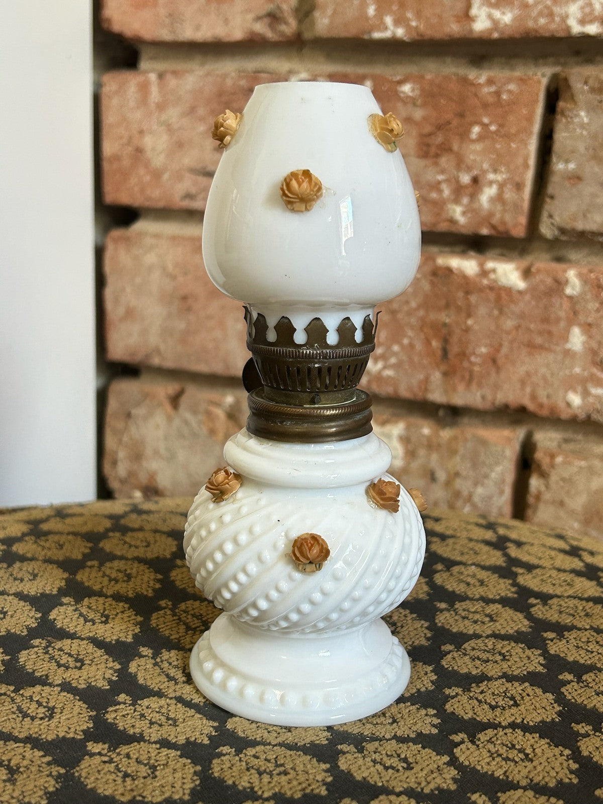 Vintage Milk Glass Miniature Oil Lamp Hobnail Applied Amber Roses Brass Burner0