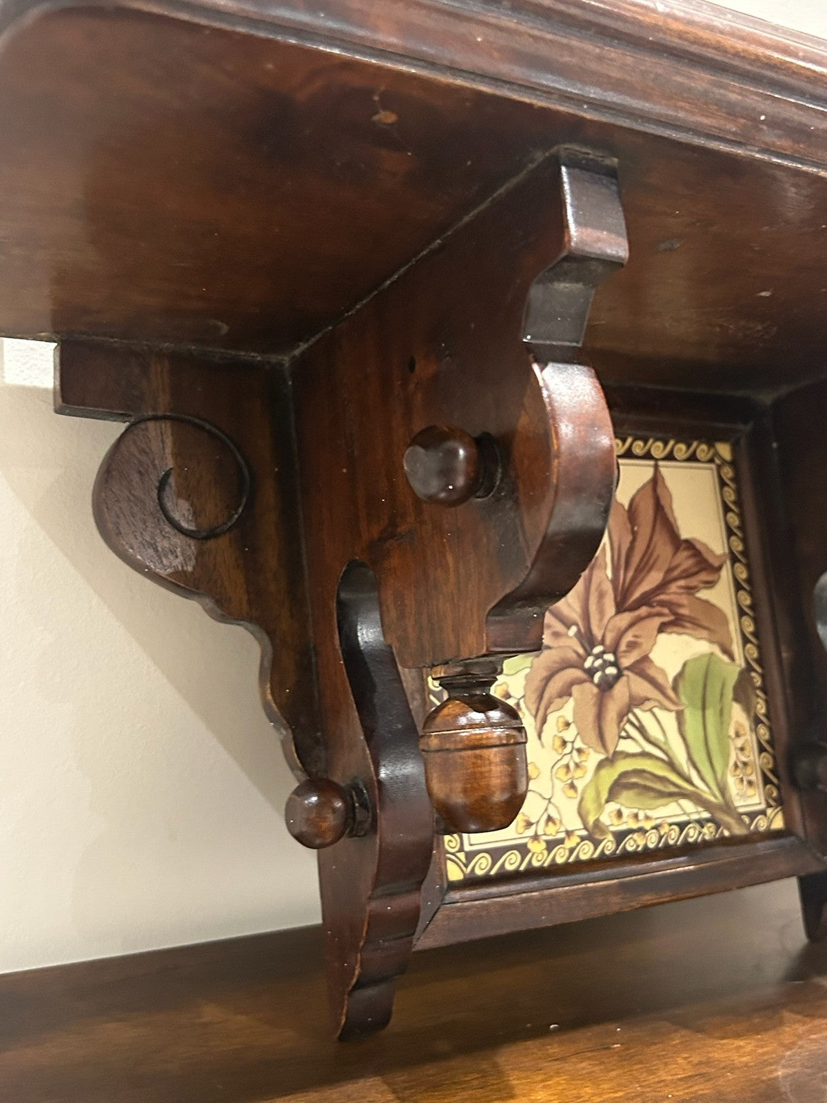 Carved Wood Wall Bracket Shelf Inset Victorian Lily Tile2
