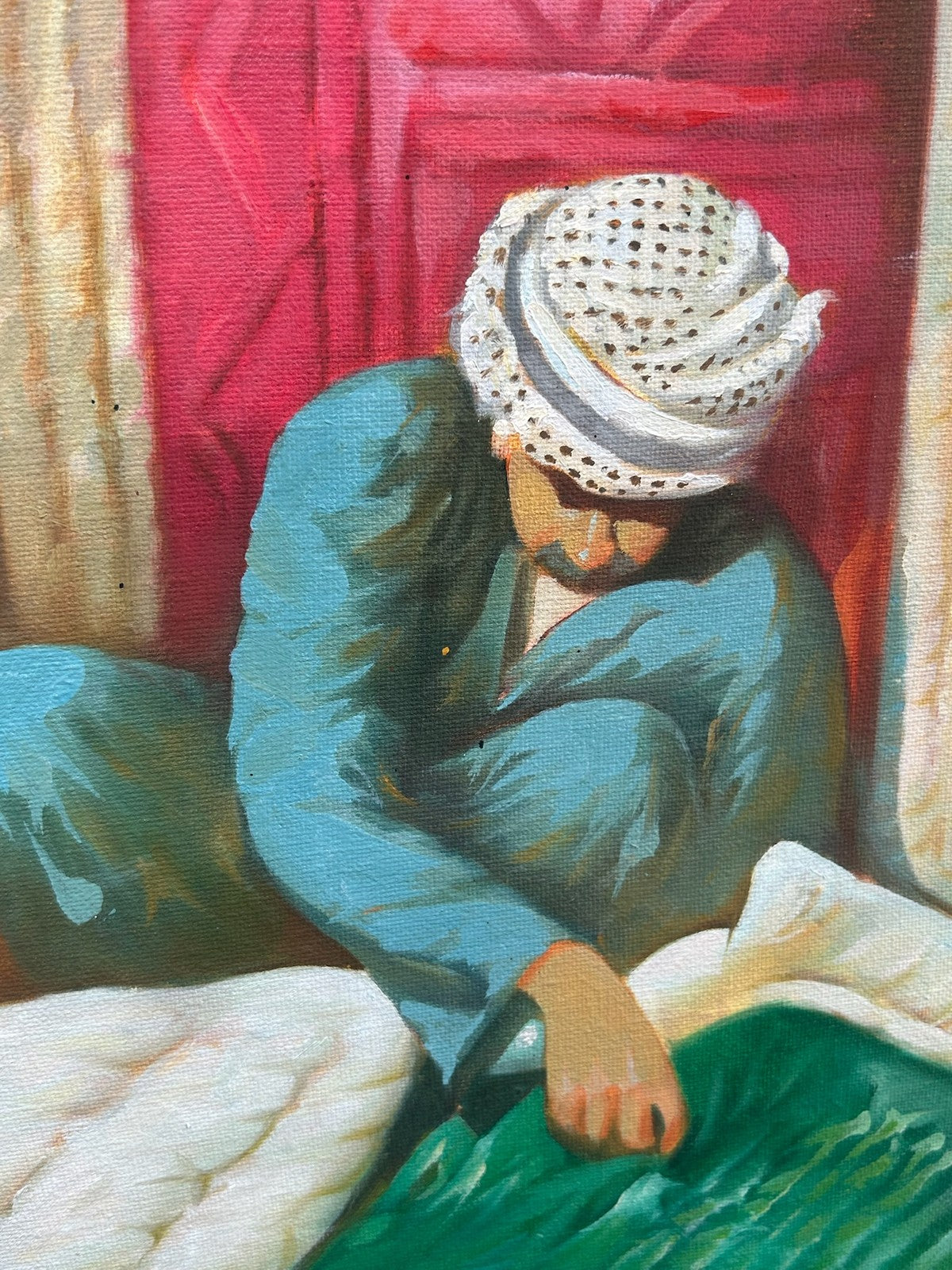 Orientalist Oil Painting Figure with Textiles Merchant Scene Signed5