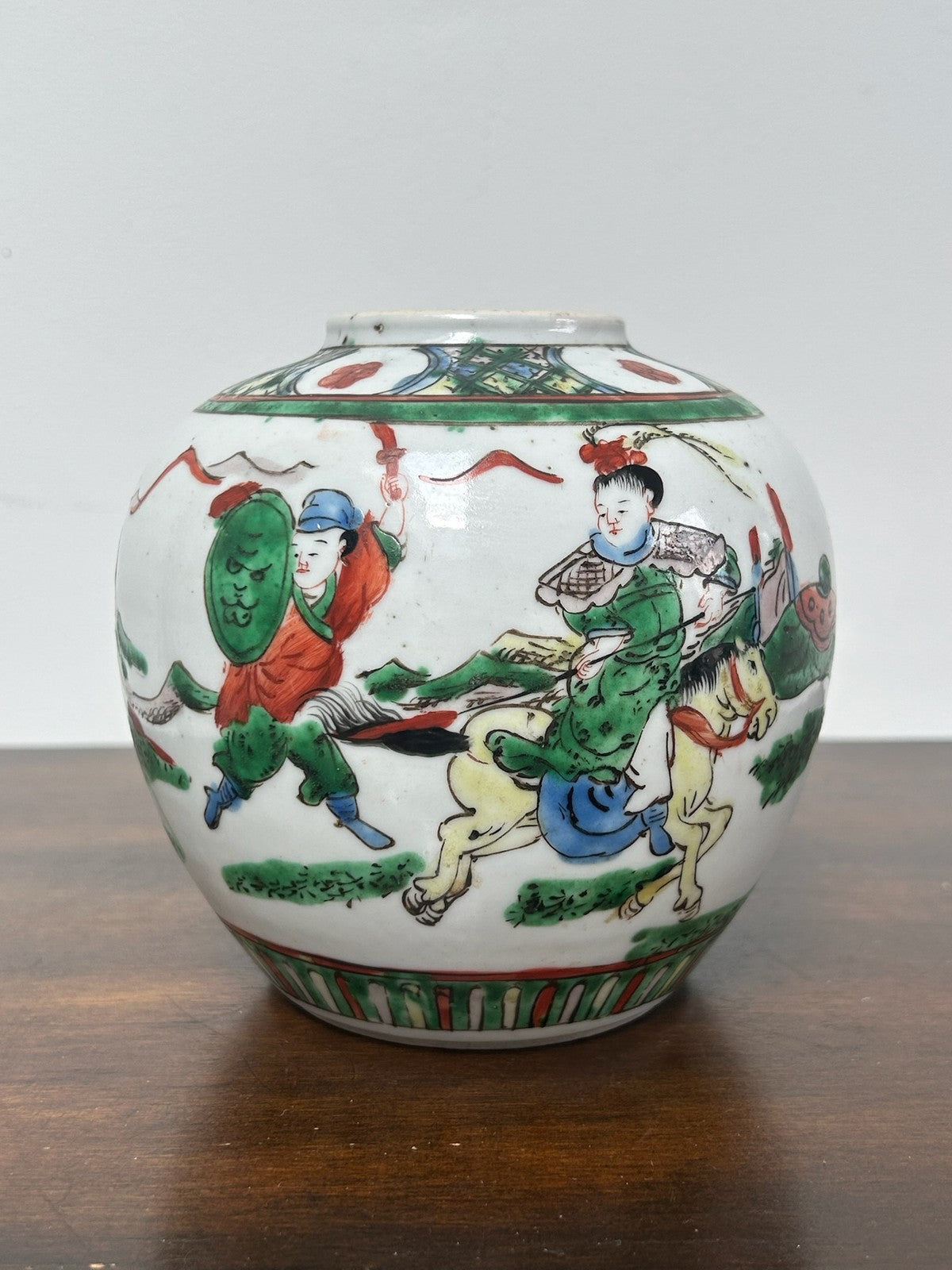 Antique Chinese Famille Verte Wucai Warrior Jar Kangxi Mark Late Qing Republic0